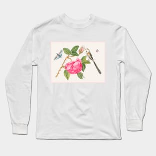 Small Black and White Bird on Rose Leaf with Blossoms and Butterflies (18th Century) Long Sleeve T-Shirt